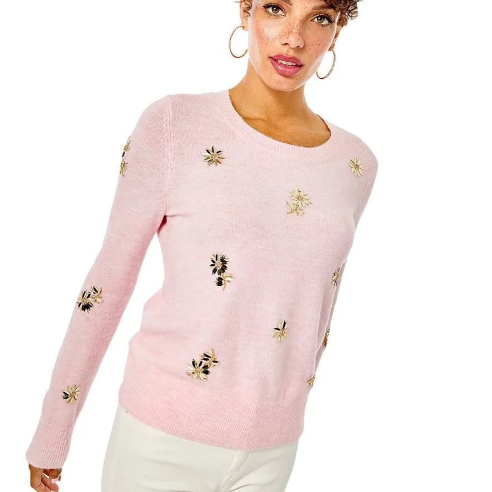 Lilly Pulitzer Soft Pink Kalaya Sweater Gold Bead Sequin Daisy Flowers Sweater